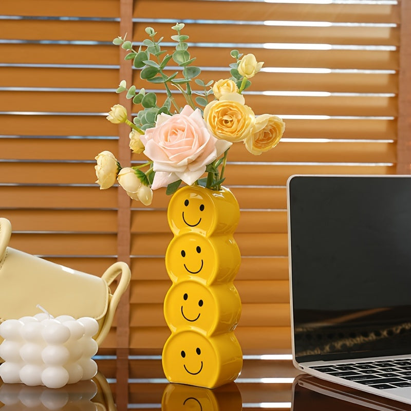 1pc Whimsical Ceramic Happy Face Bud Vase - Art Deco Cartoon Patterned, Round Shape, Boho Chic Centerpiece - Perfect for Wedding, Party, Living Room, Office, Bedroom Decor, Aesthetic Flower Holder, Unique Gift Idea
