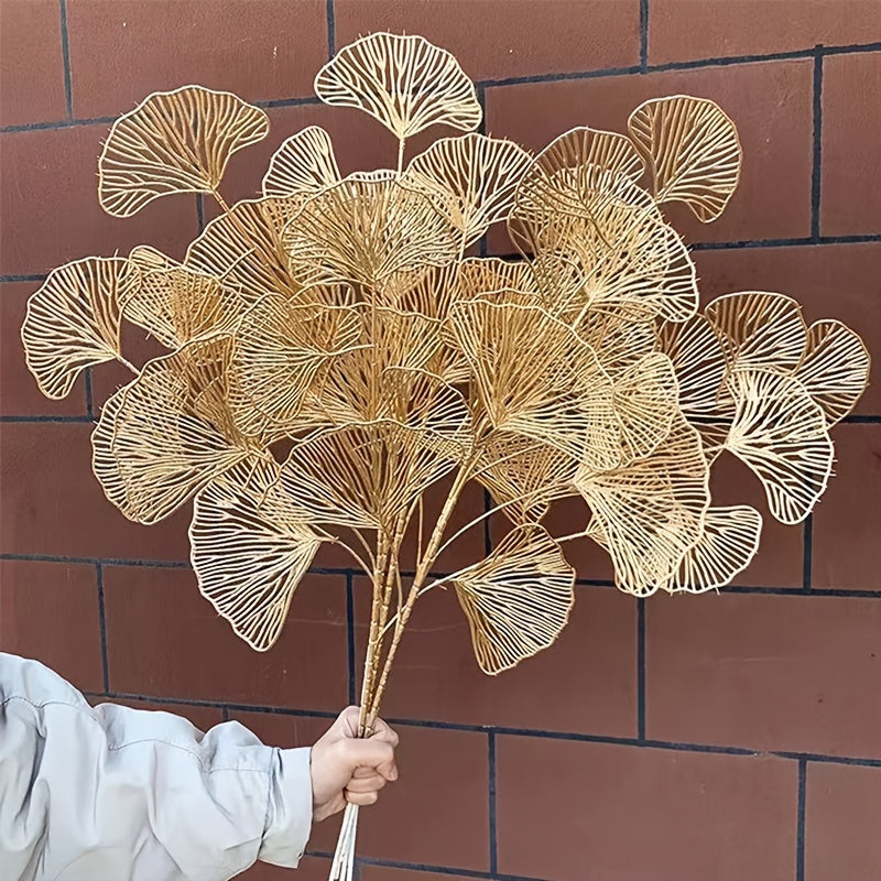 5pcs Golden Artificial Ginkgo Leaves Stems - Realistic Fake Plant Leaf Simulation for Vase Filler, Home Garden Wedding Decor, Winter Xmas Christmas Home Table Decor, Spring Chinese New Year Decor, DIY Craft Project, and Seaso