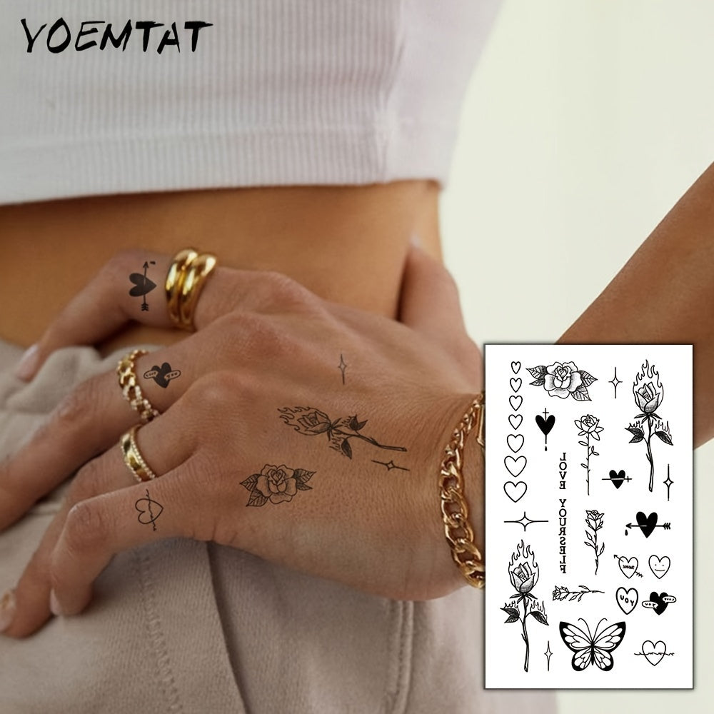 Finger Tattoo Waterproof Temporary Tattoo Sticker Rose Flower Flame Thorn Love Arrow Butterfly Cute Text Totem Body Art Arm Fake Tattoos for Women Men Neck Wrist