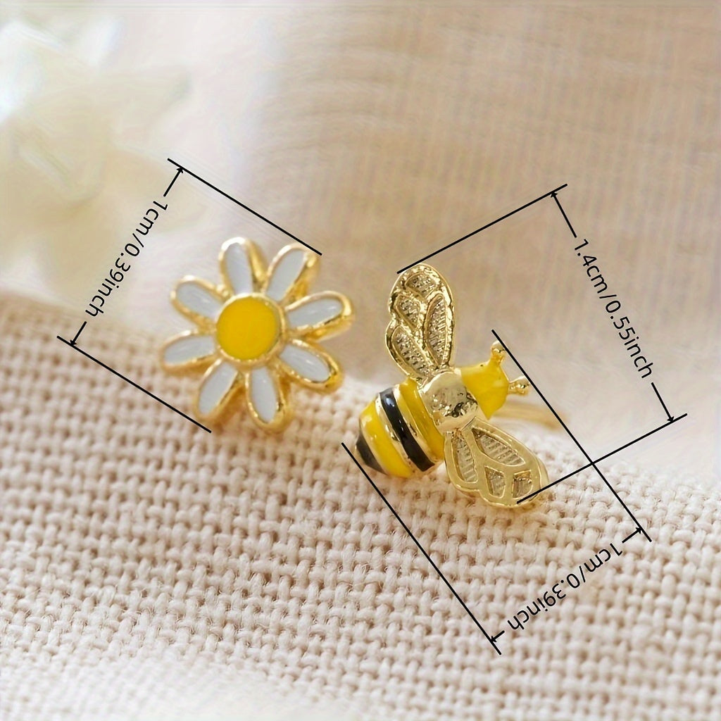 Elegant Vintage Style Copper Jewelry Delicate Asymmetric Bee Flower Design Stud Earrings - For Women Summer Earrings