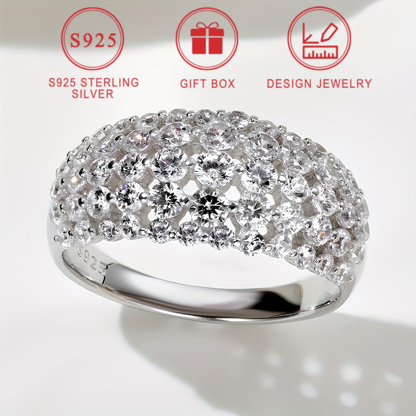 S925 Sterling Silvery Wide Version Ladies Ring Curved Diamond-studded Synthetic Zirconia Ring Ladies Stylish Design High Quality Ring Bead Jewelry Lovers Day Mothers Day Ramadan Eid al-Fitr Holiday Gift gift box