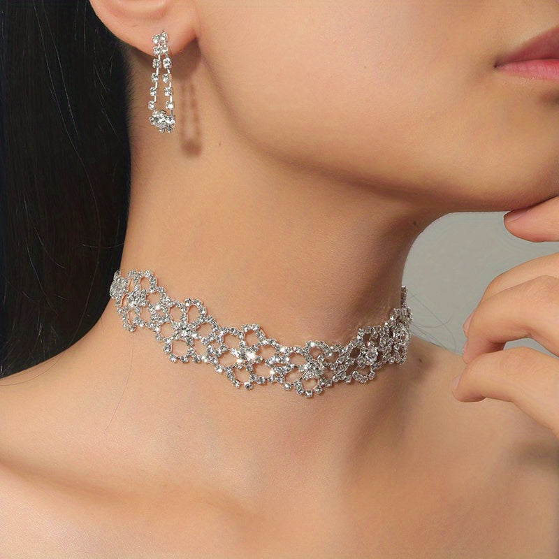 Luxurious Rhinestone & Faux Crystal Flower Jewelry Set - Elegant Claw Chain Necklace and Matching Stud Earrings, Copper Crafted for Daily Wear, Vintage Jewelry