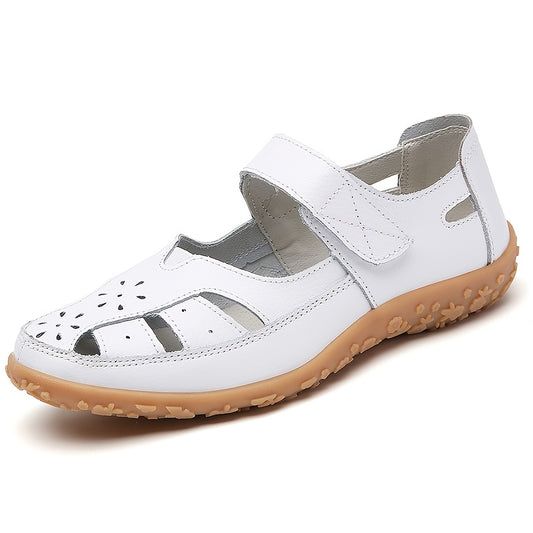 Soft Sole Women's Cut-out Flat Sandals, Non Slip Closed Toe Casual Walking Shoes with Hook & Loop