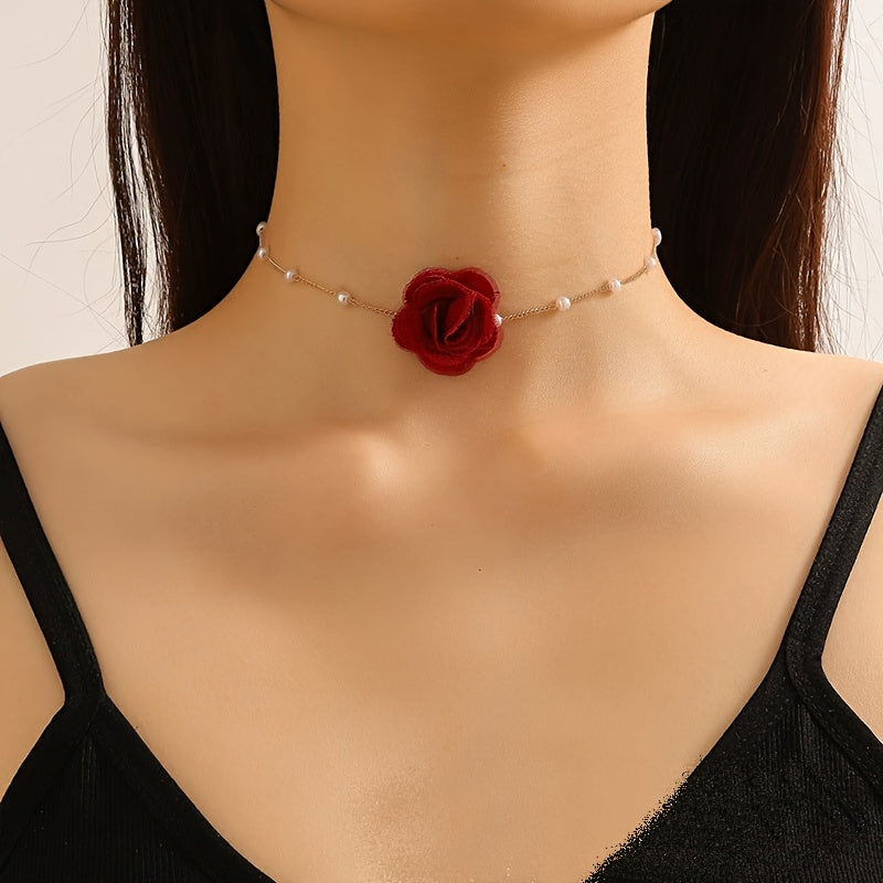 1pc Elegant Coquette Style 18K Golden Plated Faux Pearl Choker Necklace with Acrylic Fiber Flower, Versatile for Daily Wear, Parties, Weddings, and Special Occasions