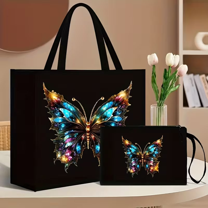 2pcs Floral and Butterfly Print Tote Bag Set with Matching Wallet