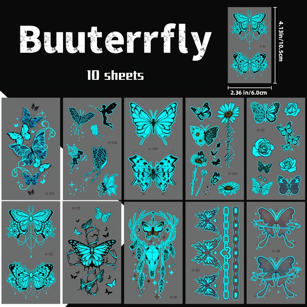 10 Sheets Blue Luminous Butterfly Tattoos, Glow In The Dark Vibrant Blue Butterfly Fairy Flower Rose Pattern Fake Tattoo, Decoration At Nightclub & Music Events, Waterproof & Realistic Lasting 2-5 Days, Butterfly Shoulder Cla