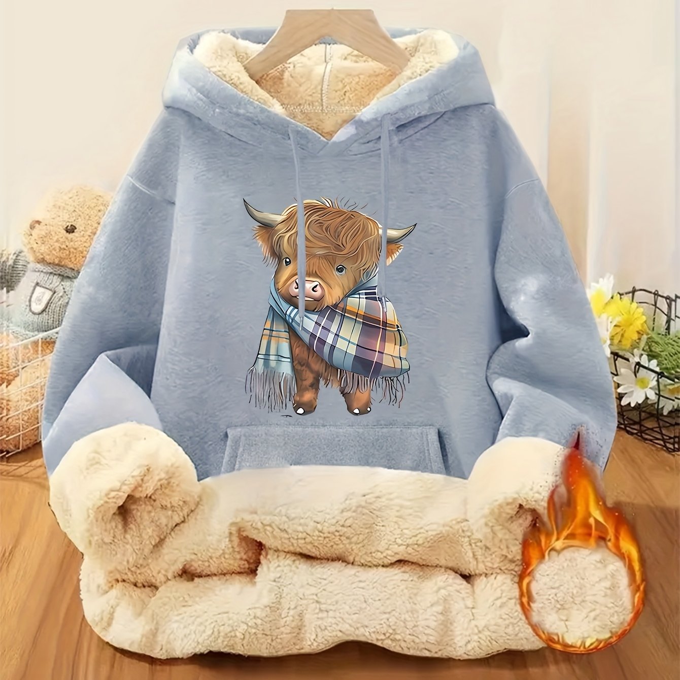 Women's Highland Cow Print Fleece Hooded Sweater - Thickened Winter Warmth, Cozy Plush Lining, Casual Retro Pullover with Pocket, Pink Scottish Cow Design, Sizes XS-XXL (Machine Washable) for Spring, Fall & Winter Layering