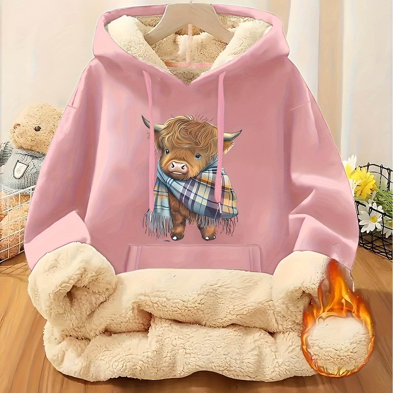 Women's Highland Cow Print Fleece Hooded Sweater - Thickened Winter Warmth, Cozy Plush Lining, Casual Retro Pullover with Pocket, Pink Scottish Cow Design, Sizes XS-XXL (Machine Washable) for Spring, Fall & Winter Layering