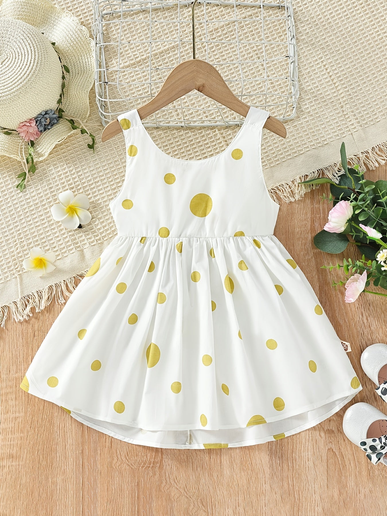 Girls' White Spaghetti Strap Dress with Red Polka Dots And Bow Decoration, a Cute Summer Outfit