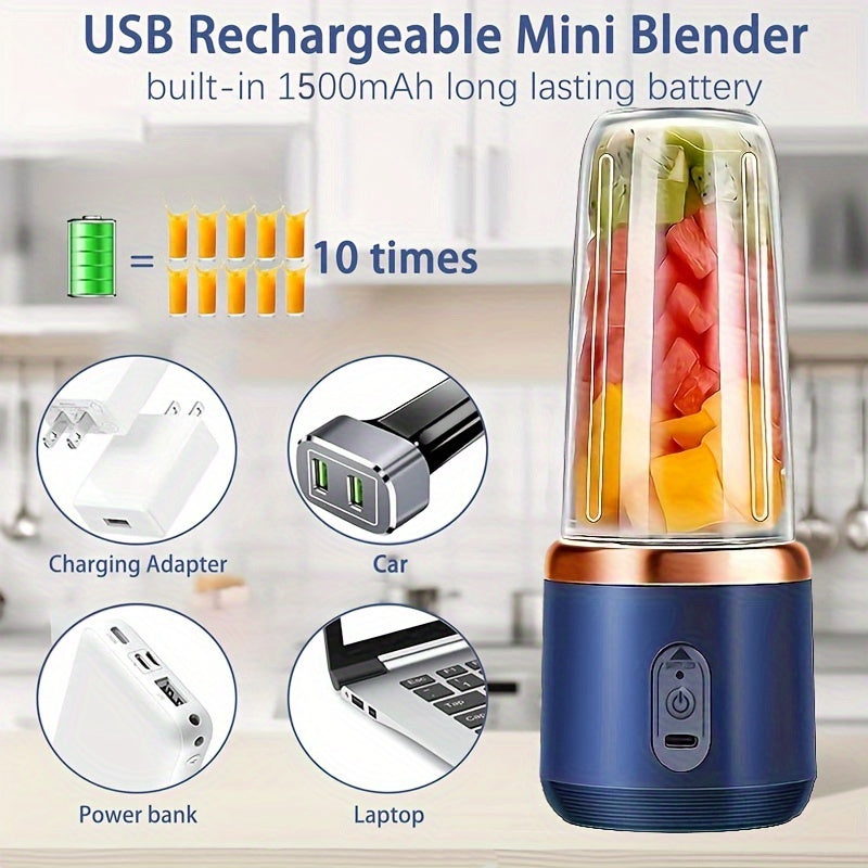 1pc Portable Blender, 400ML USB Rechargeable Mini Smoothie Maker with 6 Blades, Detachable Round Food Grade ABS Cup, Push Button Control, 1500mAh Lithium Battery, for Fruit Juice, Shakes, Baby Food - Travel Lid Included