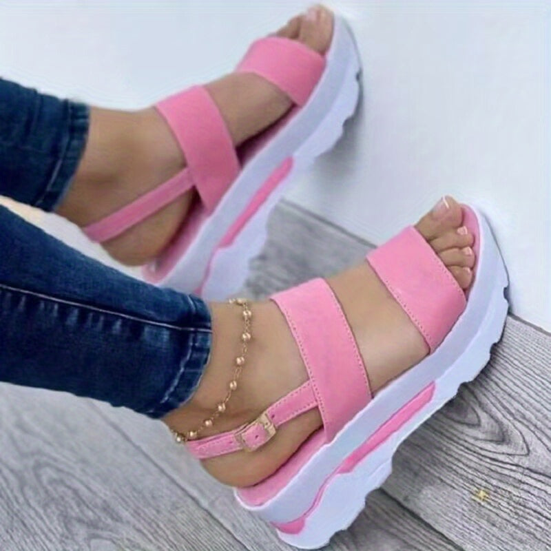 Non Slip Women's Platform Open Toe Sandals, Solid Color Ankle Buckle Strap Casual Outdoor Shoes
