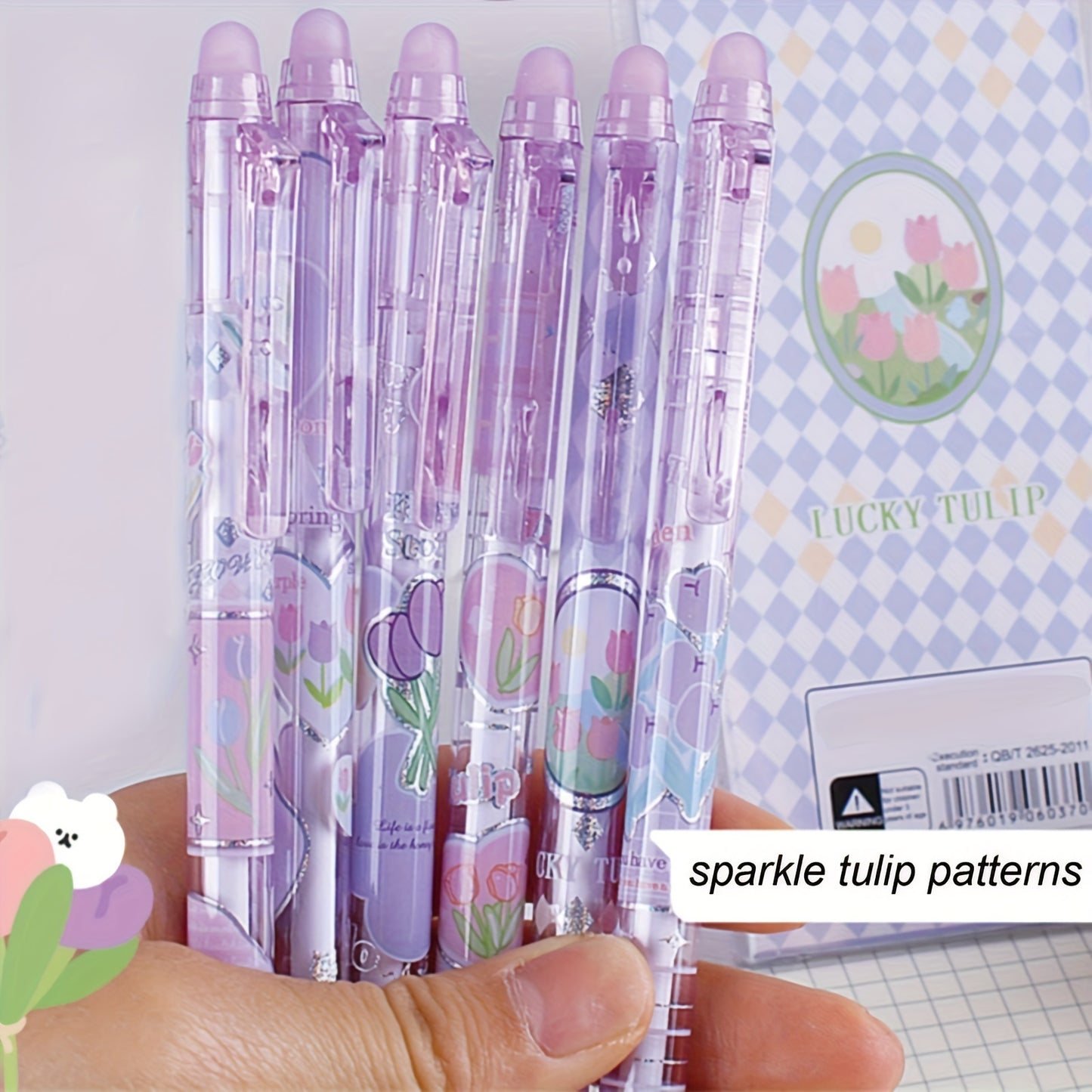 6pcs Erasable Gel Ink Pens Retractable Pens Cute Flower Pens 0.5mm Fine Point Pen Make Mistakes Disappear,Office School Pens (black And Blue Ink-Tulip)