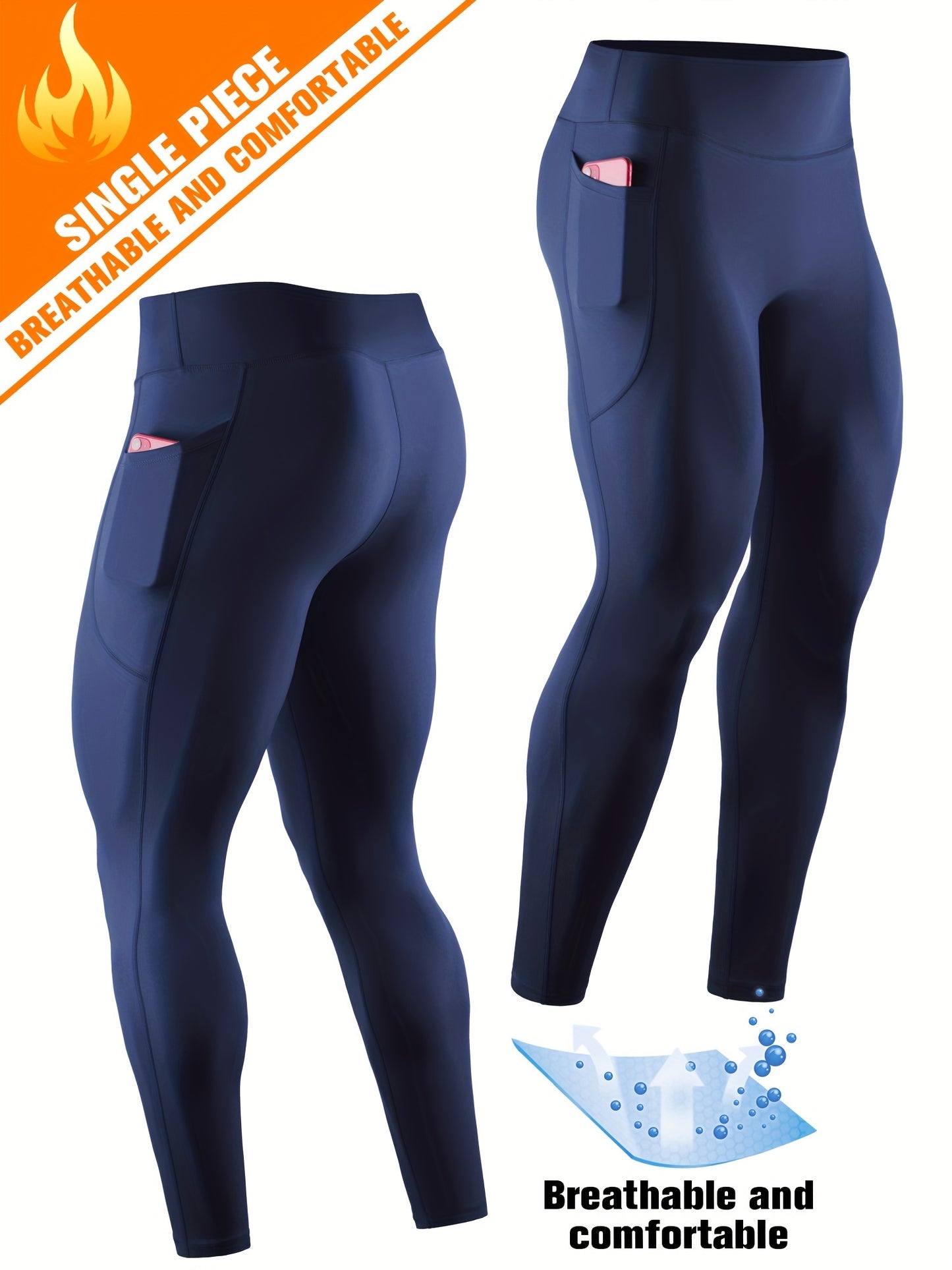 Men'S High Waist Compression Sports Leggings, Quick Dry, High Elastic, Polyester 90% Spandex 10%, Solid Color, Pocket Detail, Knit Fabric, Skinny Fit, Four Seasons, for Running, Yoga, Training, Basketball, Outdoor Activities