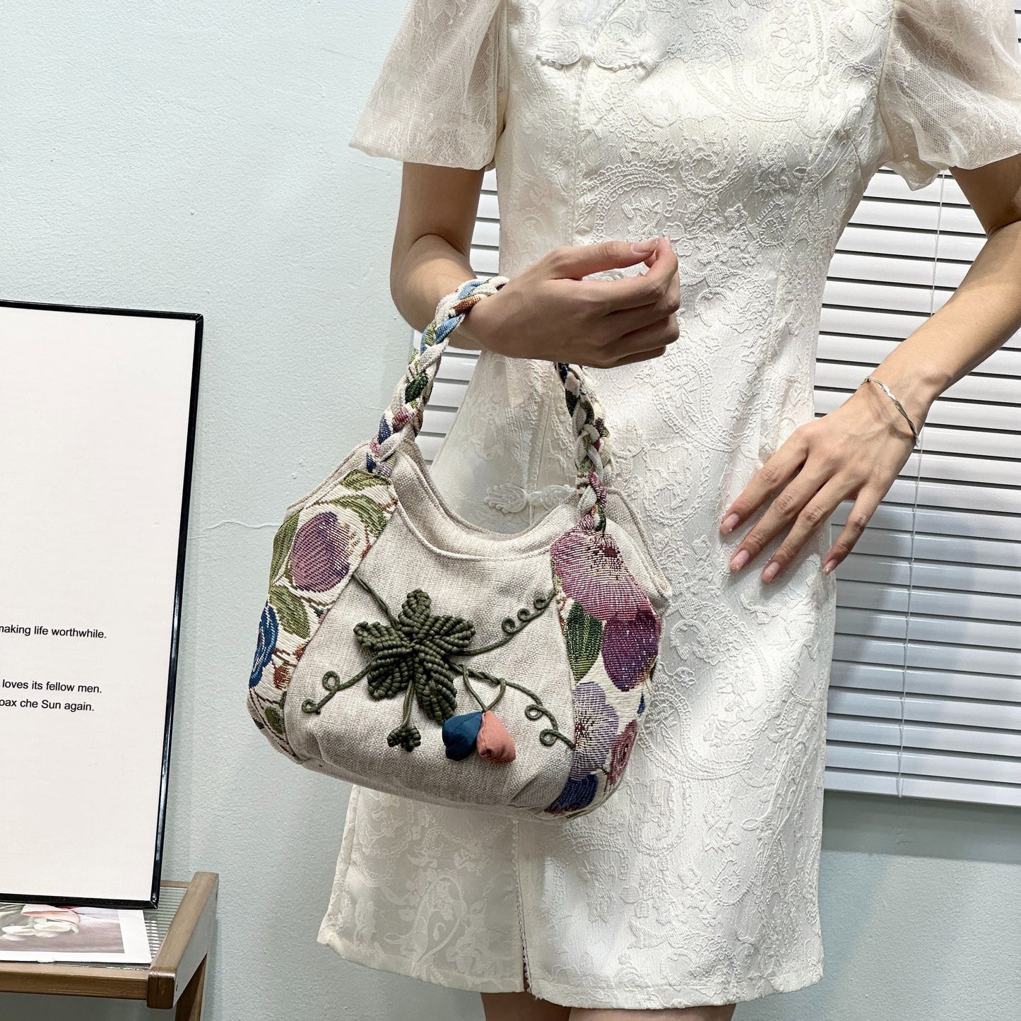 Foldable Zipper Closure Bohemian Style Handmade Flower Tote Bag - Fixed Shoulder Strap, with Wristlet, for Vacation