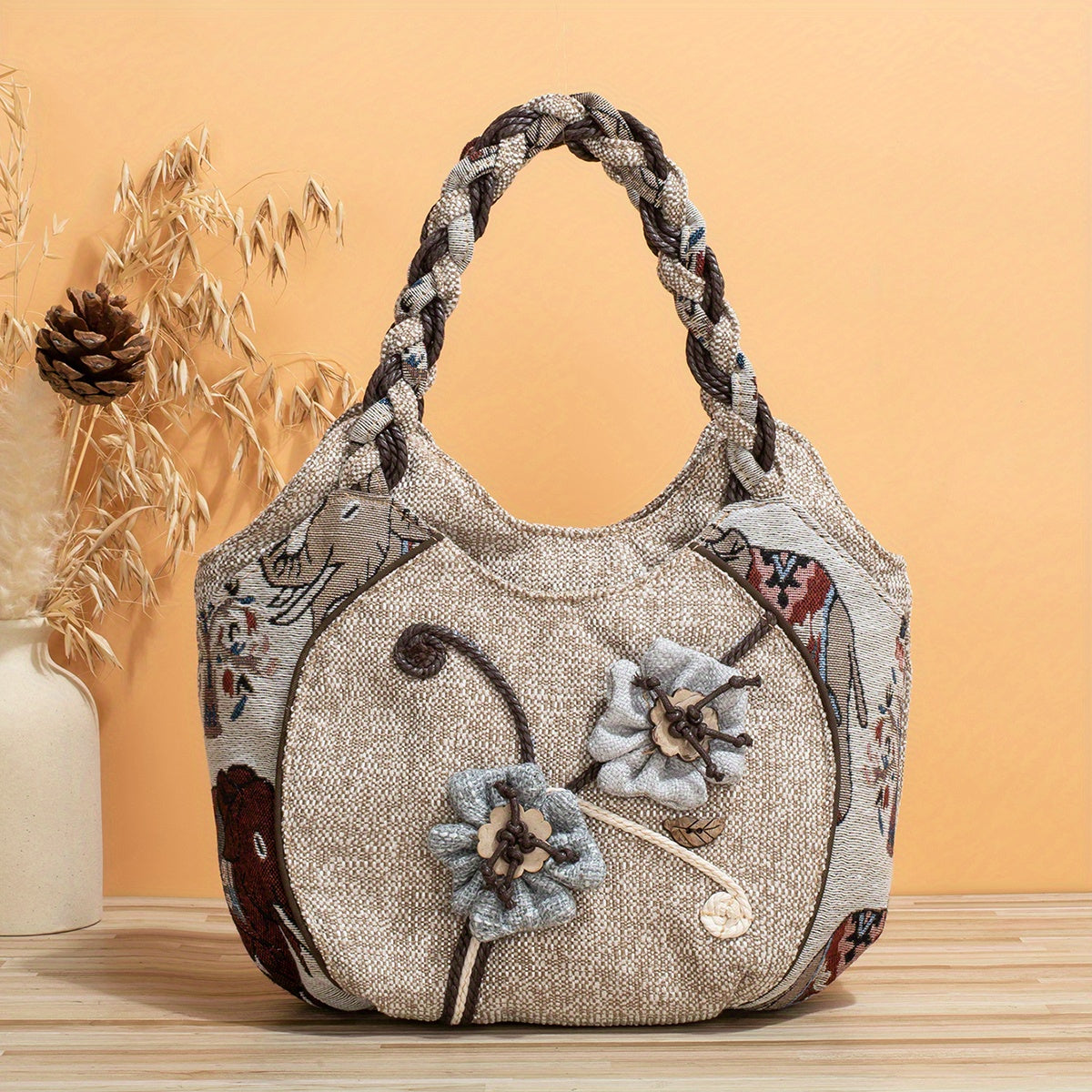 Foldable Zipper Closure Bohemian Style Handmade Flower Tote Bag - Fixed Shoulder Strap, with Wristlet, for Vacation