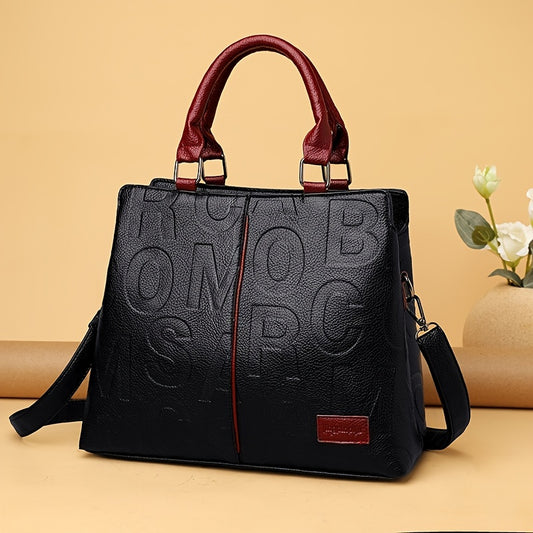 Chic Solid Color Letter-Embossed Handbag – Versatile, Foldable, Secure Zip & Removable Strap, Polyester-Lined for Daily Elegance (8.4x8.6x3.5) Inch