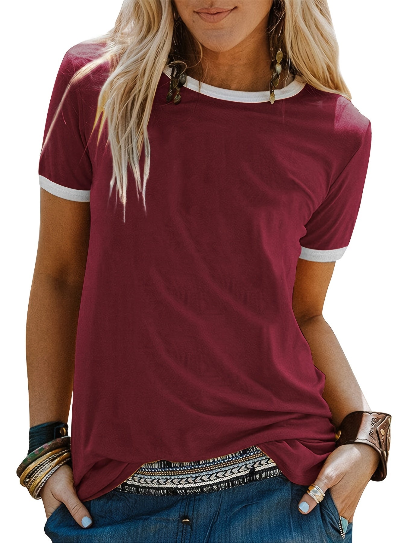 Summer Loose Crew Neck Short Sleeve Casual Simple T-shirt, Women's Clothing