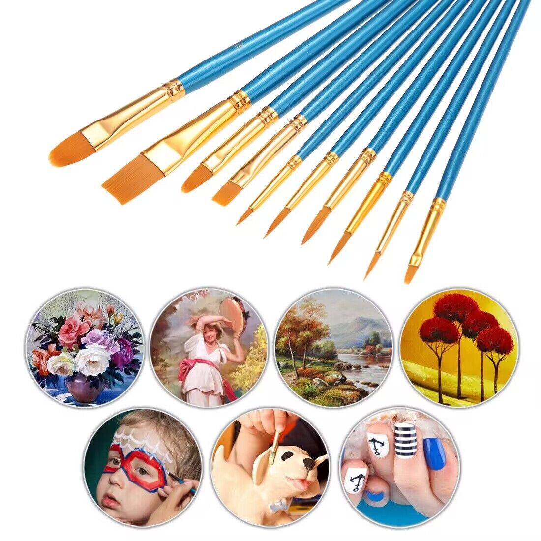 10pcs Face n Body, Nails, Oil Painting Art Brush Set