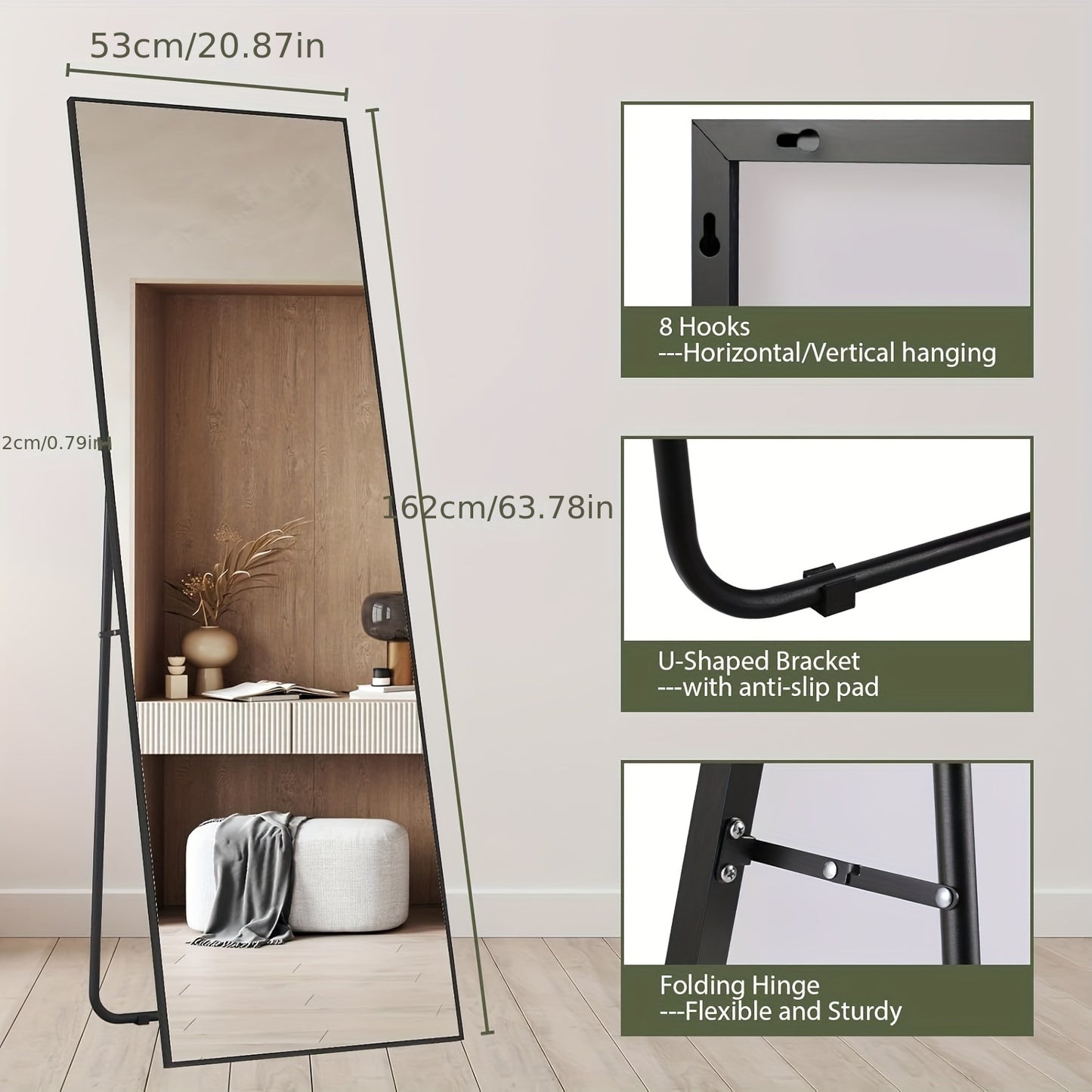 Clevich Full Body Mirror, 162 x 53 cm, Polished Metal Frame, Character Theme, Glass Surface, Unscented, with Aluminum Stand & Hooks, for Dressing, Bathroom, Hallway - Floor Mount, No Electricity Required
