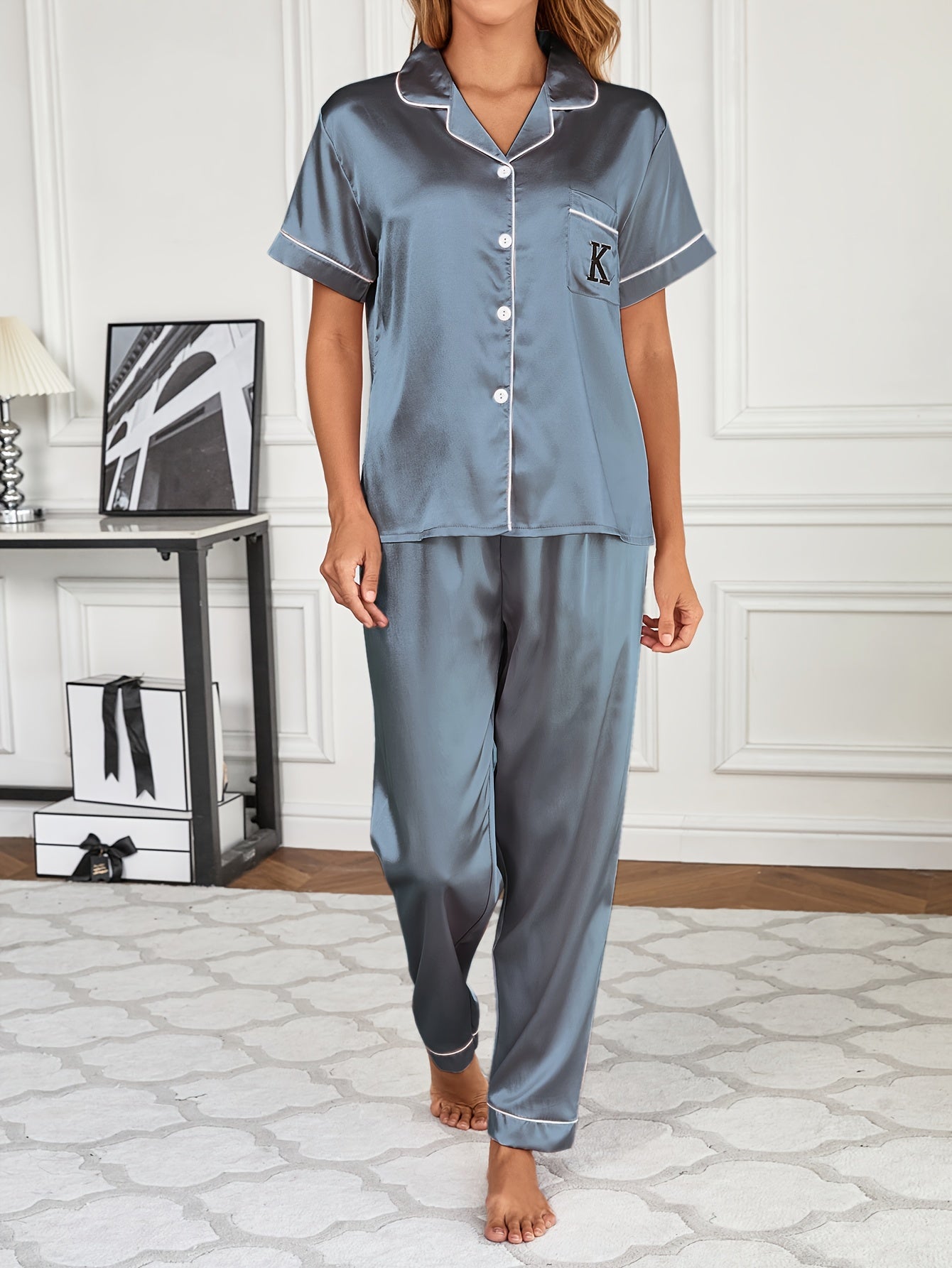 Valentine's Day Satin Pajamas Set - Soft, Lightweight, Embroidered Button-Up Blouse Top and Elastic Waistband Pajama Pants for Women's Loungewear and Sleepwear - Perfect Gift Idea for Her