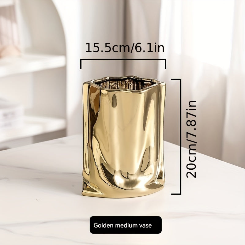 1pc Vase, High-End Light Luxury Decoration, Creative Electroplated and Silvery Ceramic Vase, Artificial Flower Decor