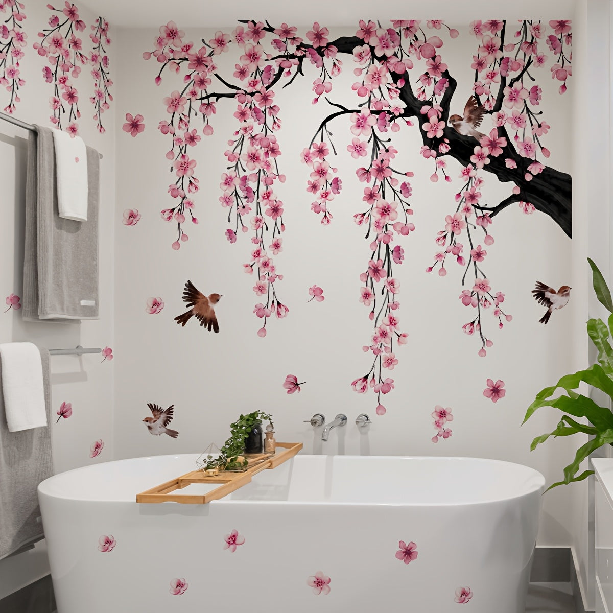 A Set of 4 Creative Pink Peach Blossom Tree Bird Falling Flower Bathtub Stickers for The Living Room, Bedroom, And Bathroom Wall Decor MS7194-YC