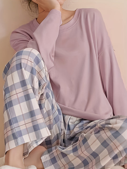 Comfortable Plaid Long Sleeve Pajama Set, Spring and Autumn Casual Home Wear Set, Casual Long Sleeve Pajama Set