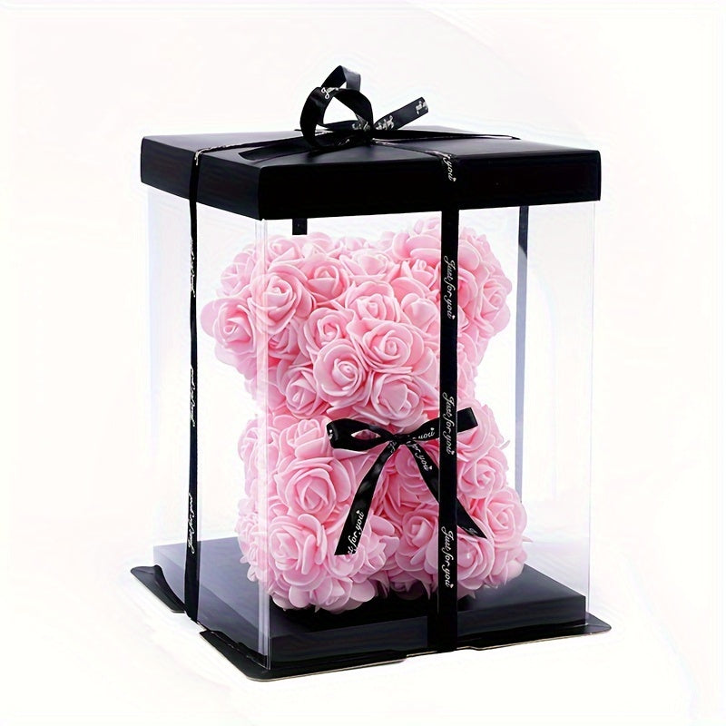20cm Deluxe Artificial Rose Bear Flower Arrangement - Exquisite Foam Roses in Decorative Container for Romantic Home Decor, Festive Celebrations, and Thoughtful Gift-Giving - Perfect for Valentine's Day, Mother's Day, Anniver
