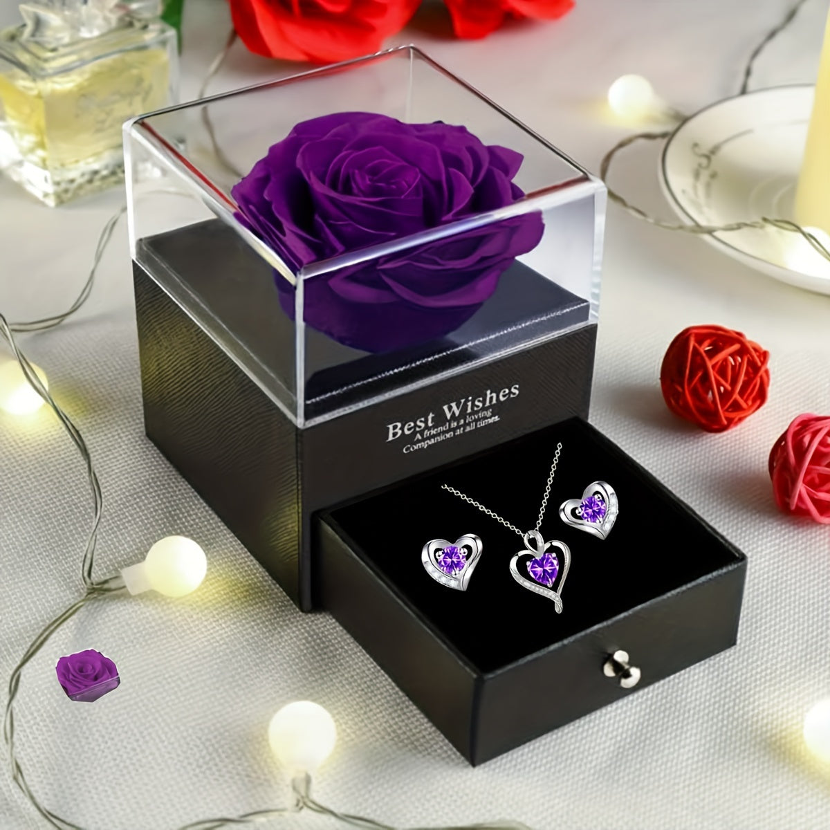 Rose soap flower gift box, heart-shaped love rose necklace, earring combination set, Women's jewelry for mothers, wives, lovers, daughters, best friends, holiday gifts, Valentine's Day, anniversaries, Mother's Day, weddings,