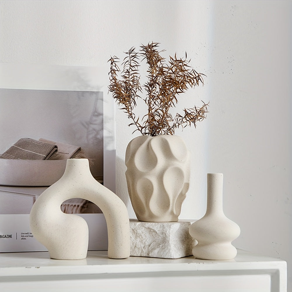 3pcs Boho Ceramic Vase Set - Modern Nordic Minimalist Round & Donut Shaped, Geometric Pattern, Ideal for Trendy Home Decor, Living Room, Entryway, Coffee Table - No Battery Required, Decorative Gift