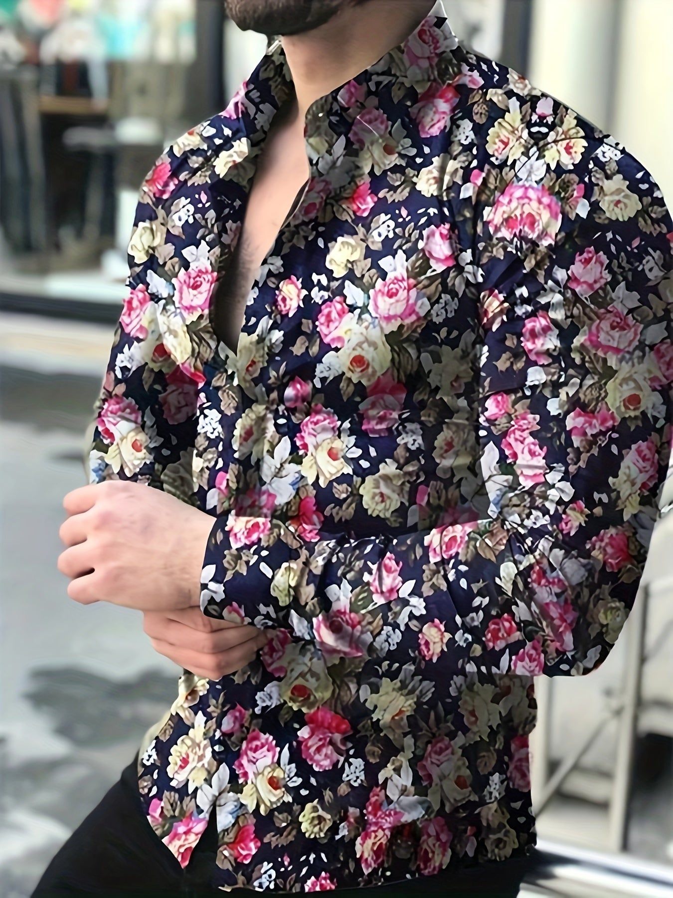 Retro Style Flower Print Men's Casual Long Sleeve Button Up Lapel Shirt, Spring Fall