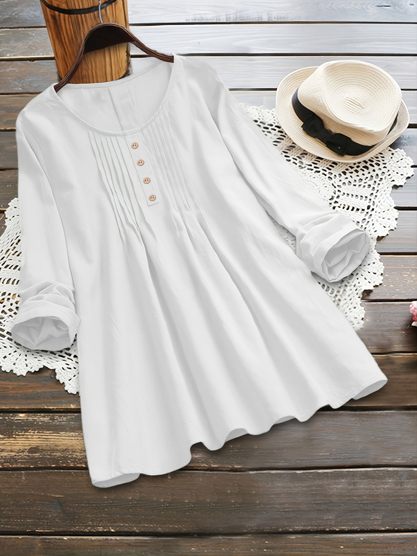Plus Size - Plus Size Women'S Long Sleeve Loose Fit Round Neck Blouse - Light Green Pleated Casual Shirt with Button Details, Non-Stretch Fabric, Perfect for Spring/Fall, Ladies Blouses