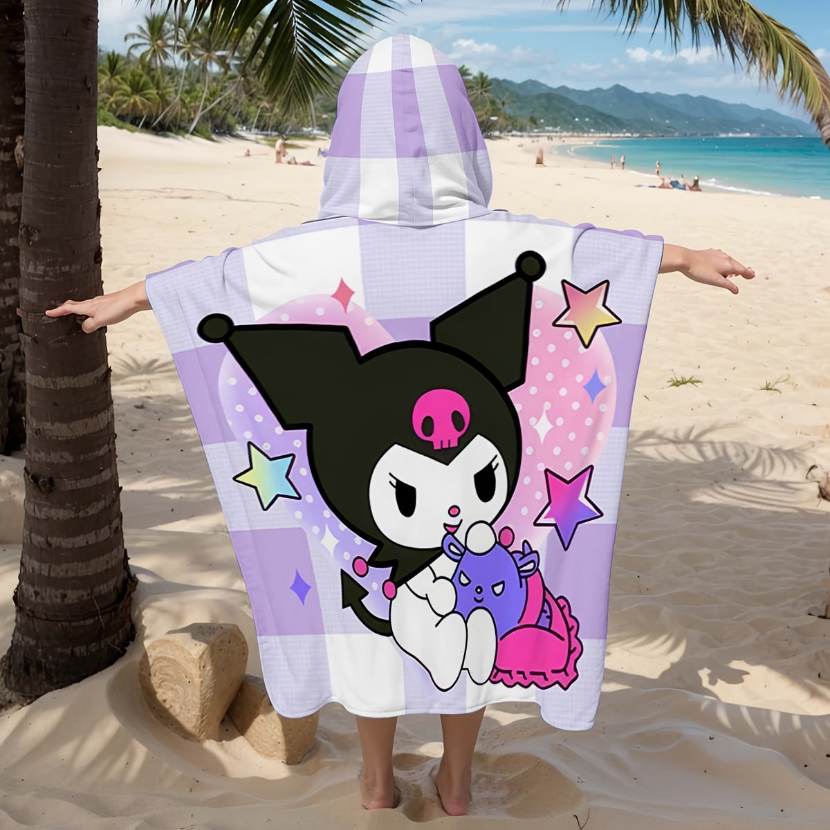 1pc Sanrio Kuromi Adult & Wearable Beach Towel with Kuromi Face Hood - Quick-Dry Microfiber Bath Robe, Cute Kuromi Print for Pool, Bath, Travel - Officially Inspired Sanrio Character Outfit