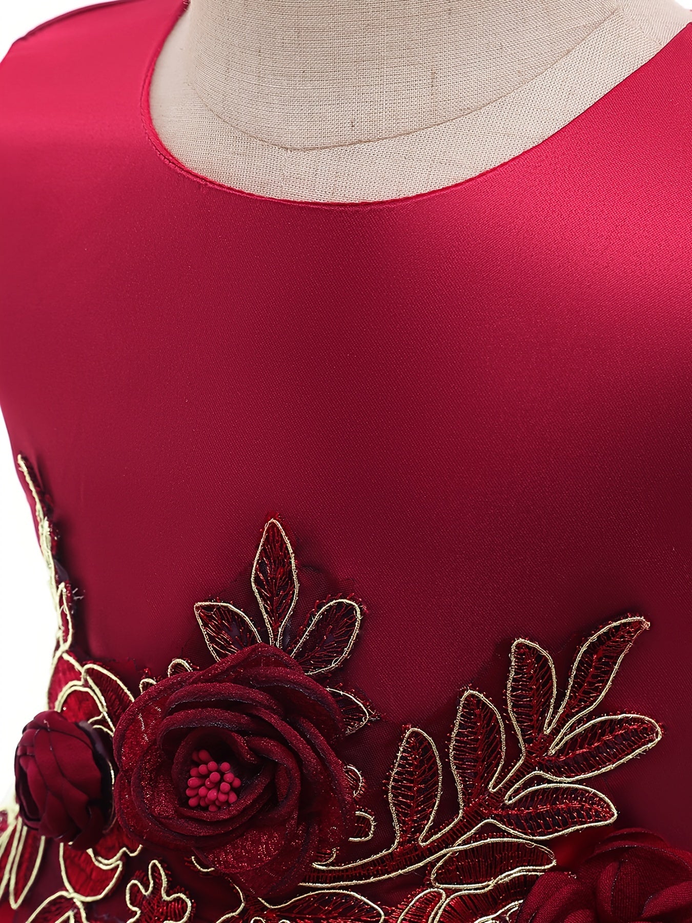Elegant Red Embroidered Mesh Princess Dress for Girls 4-12 - Perfect for Piano Performances & Flower Girl Duties, Knee-Length with Umbrella Hem
