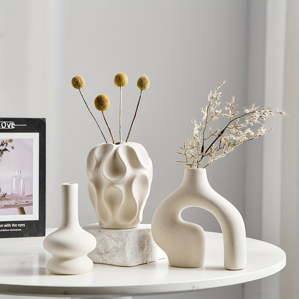 3pcs Boho Ceramic Vase Set - Modern Nordic Minimalist Round & Donut Shaped, Geometric Pattern, Ideal for Trendy Home Decor, Living Room, Entryway, Coffee Table - No Battery Required, Decorative Gift
