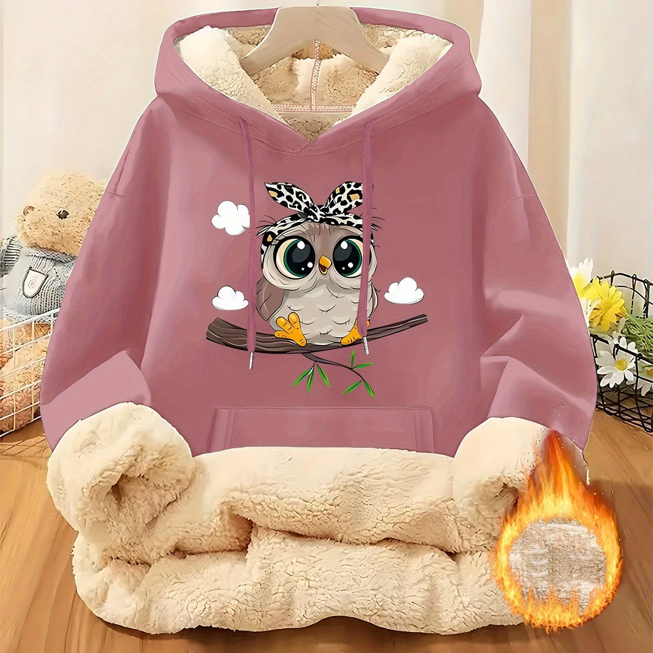 Women's Highland Cow Print Fleece Hooded Sweater - Thickened Winter Warmth, Cozy Plush Lining, Casual Retro Pullover with Pocket, Pink Scottish Cow Design, Sizes XS-XXL (Machine Washable) for Spring, Fall & Winter Layering