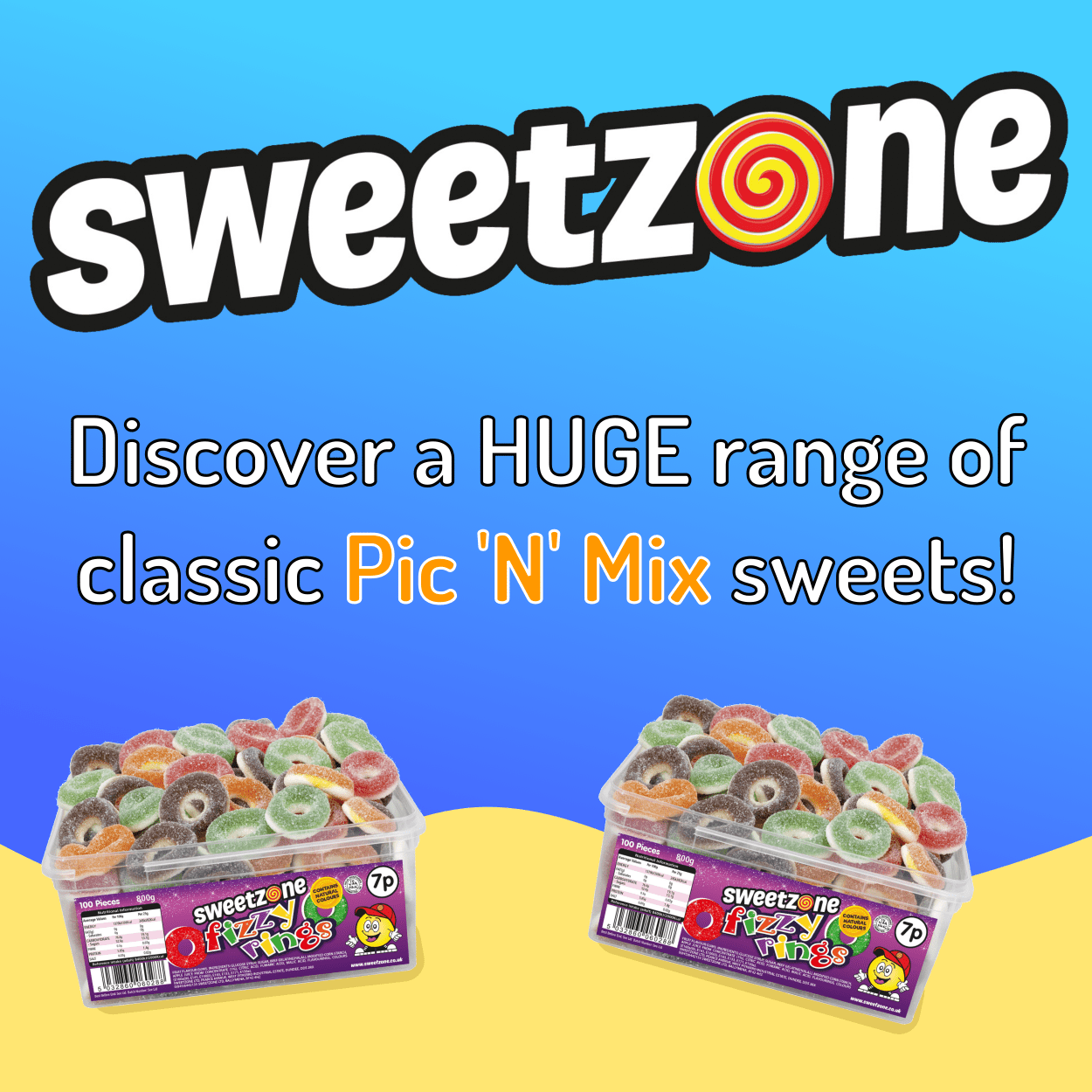 Sweetzone Fizzy Rings - 800g Tub - 100 Pieces - Pic N Mix Style Sweets