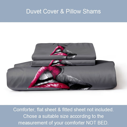 3pcs Couple Bedding Kiss Sketch Crimson Lips Kissing Guest Room Duvet Cover Set (1pc* Duvet Cover + 2pcs Pillowcase, No Pillow Core)