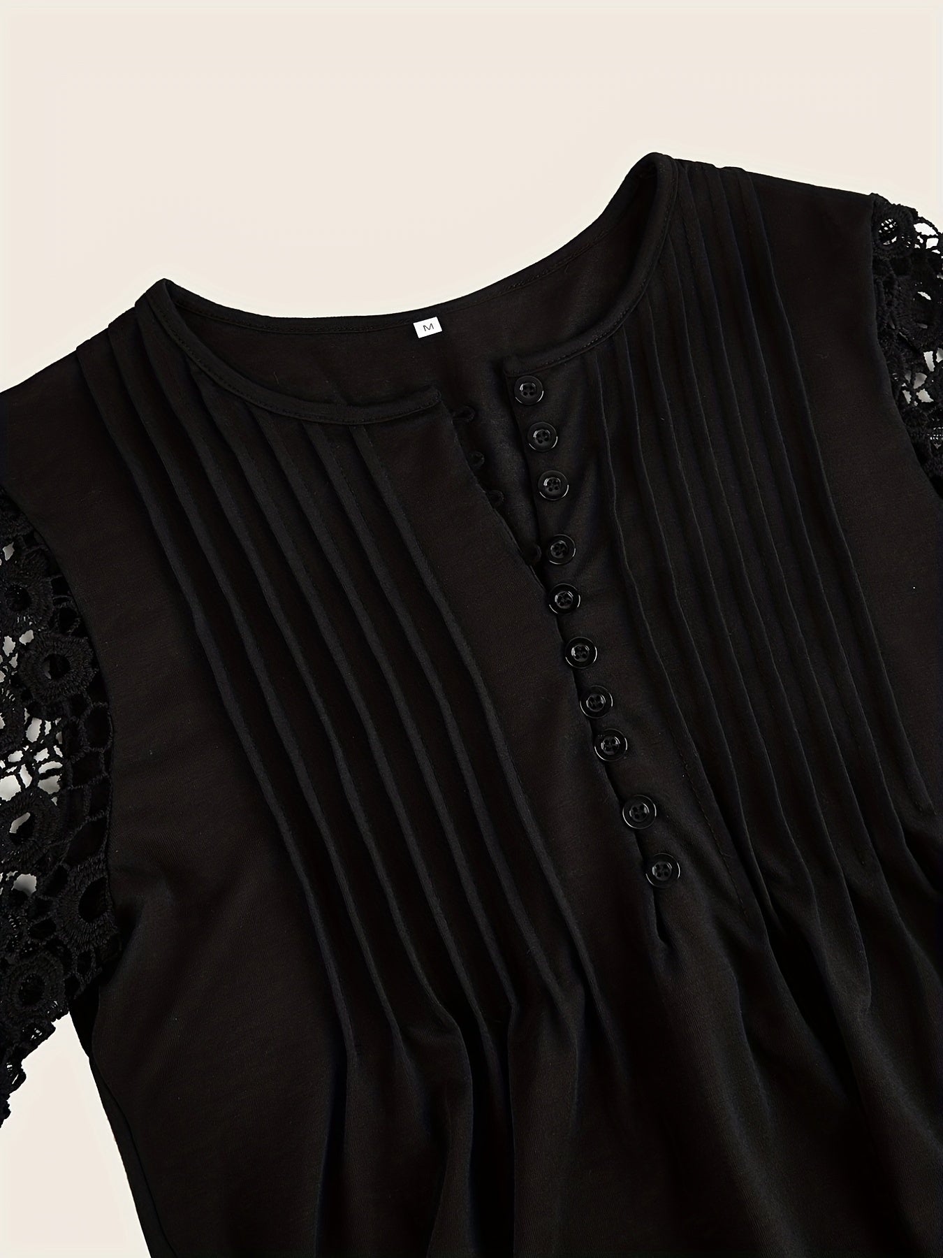 Lace Contrast Pleated Front T-Shirt, Button V Neck Long Sleeve T-Shirt, Casual Every Day Tops, Women's Clothing