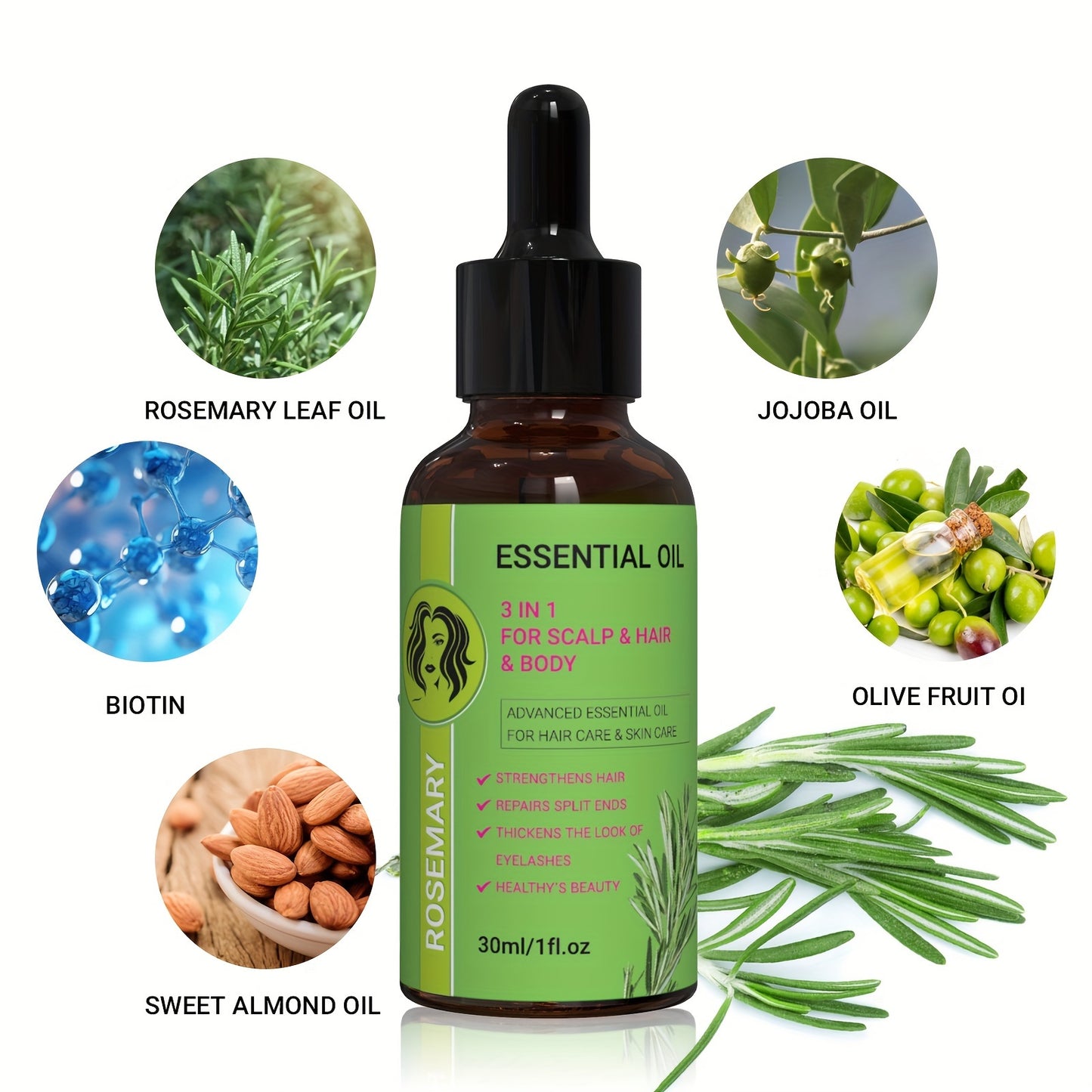 Rosemary Oil for Scalp/Hair/Body Care, 3in 1 for Strengthens Hair/Eyelashes, Moisture Body with Rosemary, Jojoba, Biotin, Olive Fruit, Sweet Almond and Rosa Rugosa Flower Plant Extract for Christmas Gift/Mum's Gift (Glass Bot