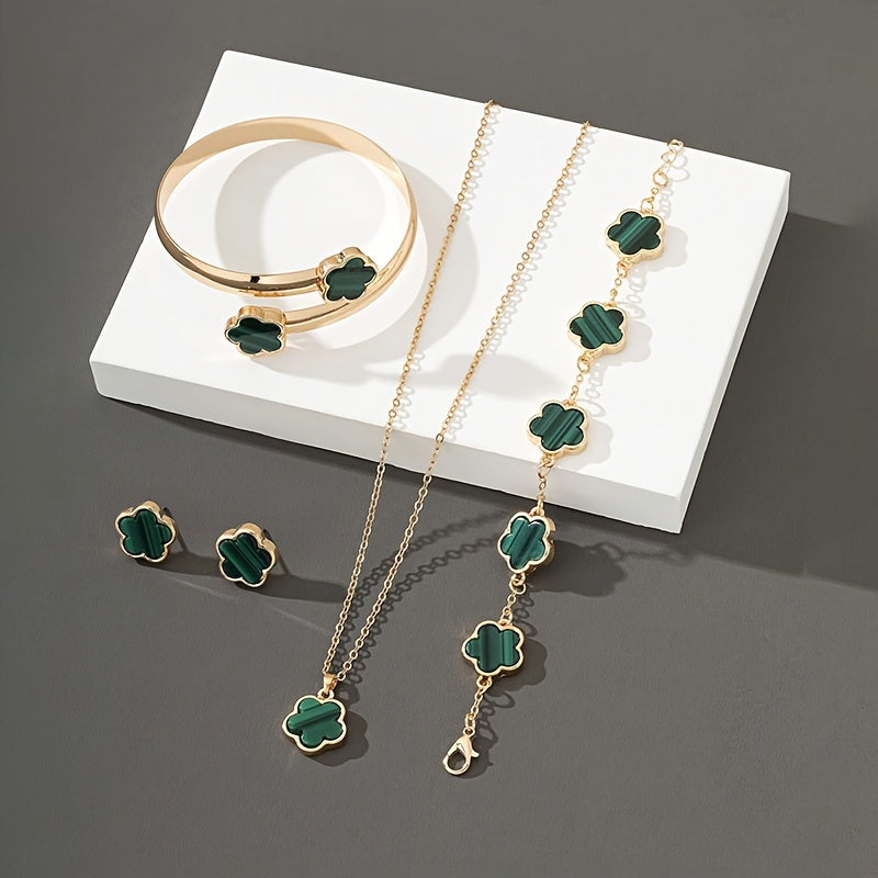 Clover Flower Jewelry Set, Elegant Sexy Style, Includes Clover Bracelet, Bangle, Stud Earrings, And Necklace Delicate Female Jewelry Set