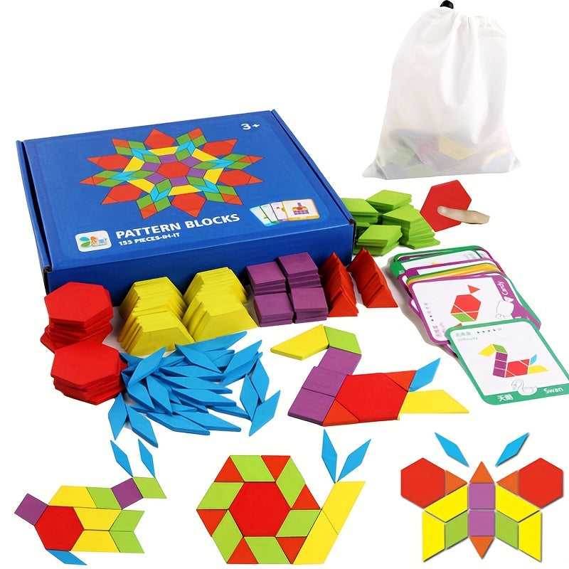 155-Piece Large-Scale Wooden Geometric Tangram Puzzle Board Toy Set - Develops Problem-Solving Skills, Enhances Spatial Awareness, and Fosters Creative Thinking - Perfect for Early Childhood Education and Home Learning