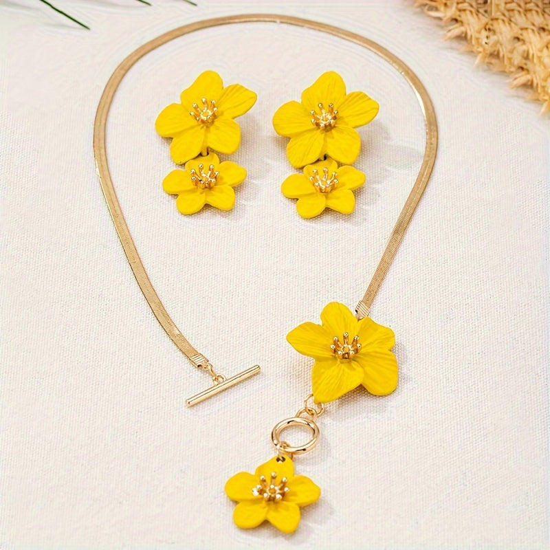 2pcs/set Fashionable and Elegant Flower Pendant Necklace and Earrings Jewelry Set Suitable for Women's Daily Gatherings, Parties, Holiday Travel, and as a Gift for Your Wife on Festivals