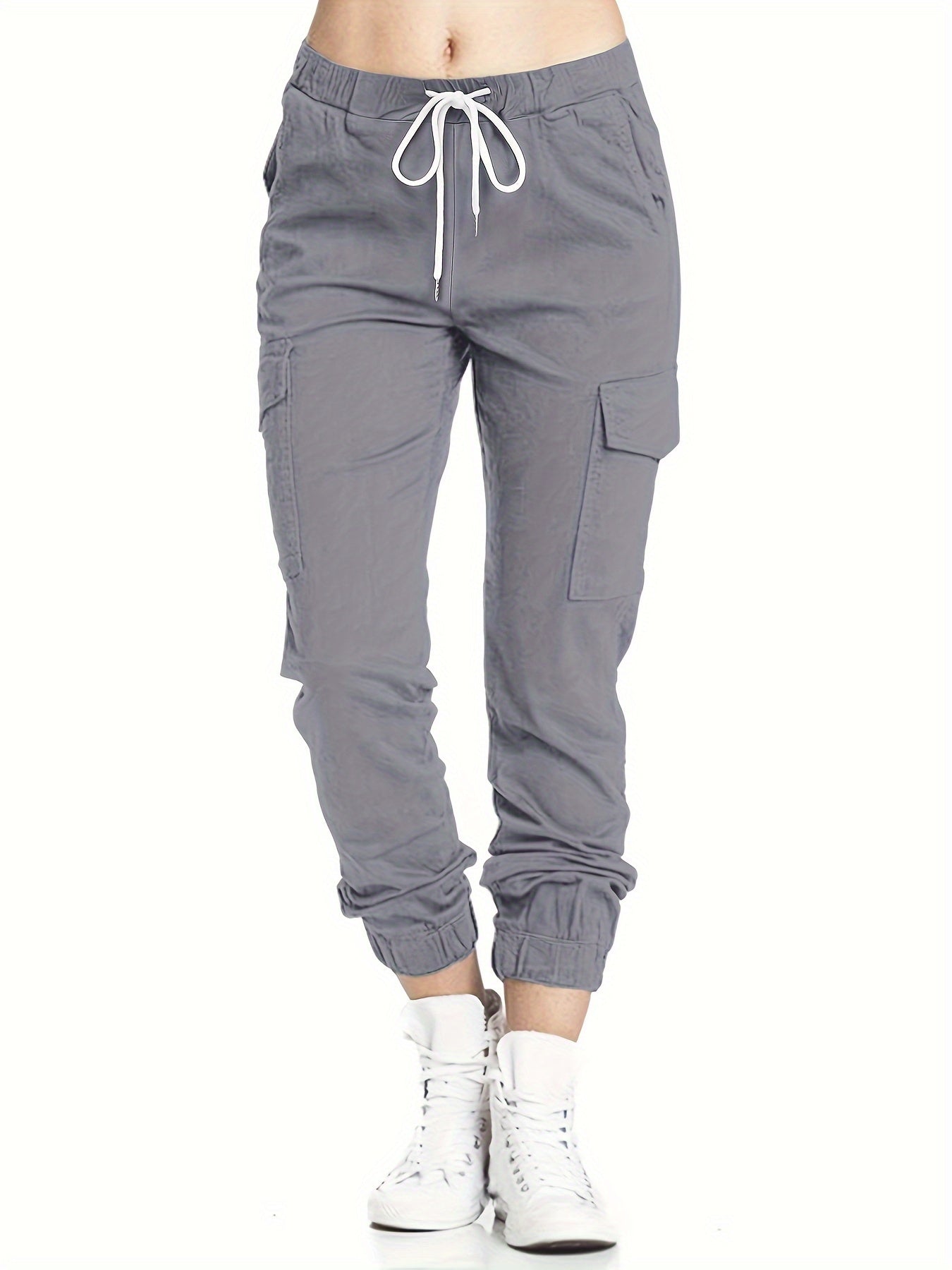 Y2K Chic Drawstring Cargo Pants - Stretchy Elastic Waist, Long Length, Multiple Pockets, Casual Comfortable Women's Clothing for Everyday Wear
