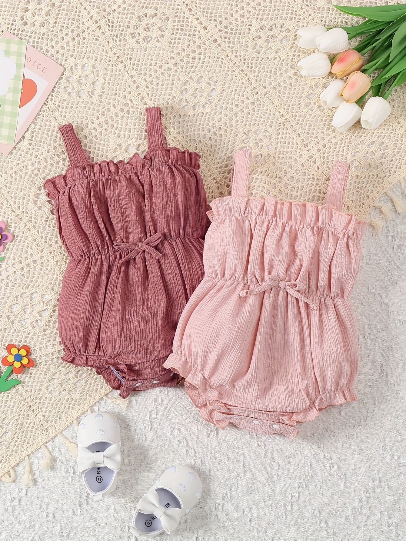 JOPGEEY 2pcs Soft & Stylish Baby Girl Rompers - Solid Color, Bubble Texture with Ruffled Trim, Perfect for Summer Outings, Perfect for Outdoor