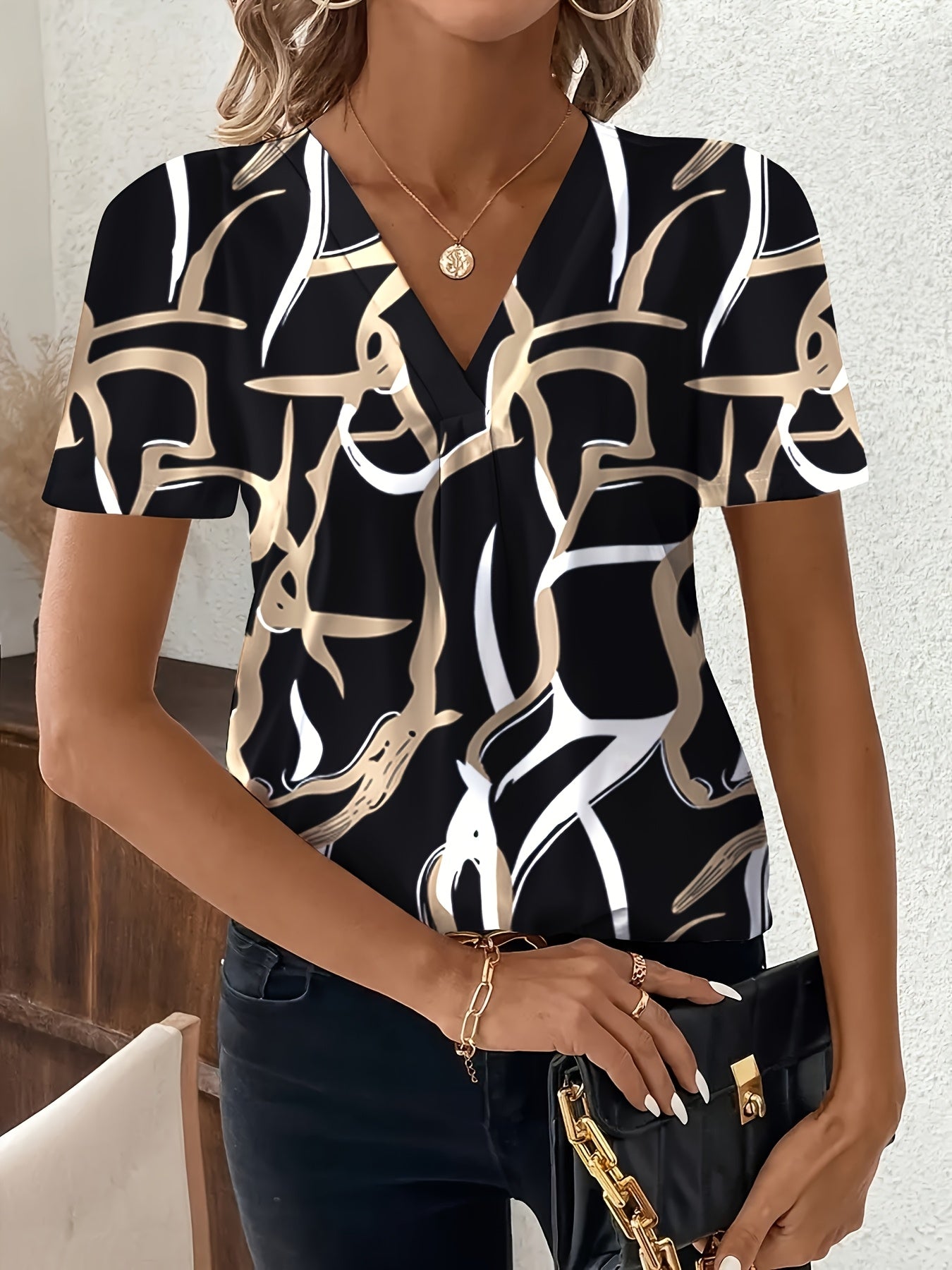New Spring and Summer Fashionable Elegant Women's Shirt with Geometric Flower Pattern, Chest Pleats and V-Neck Short Sleeves