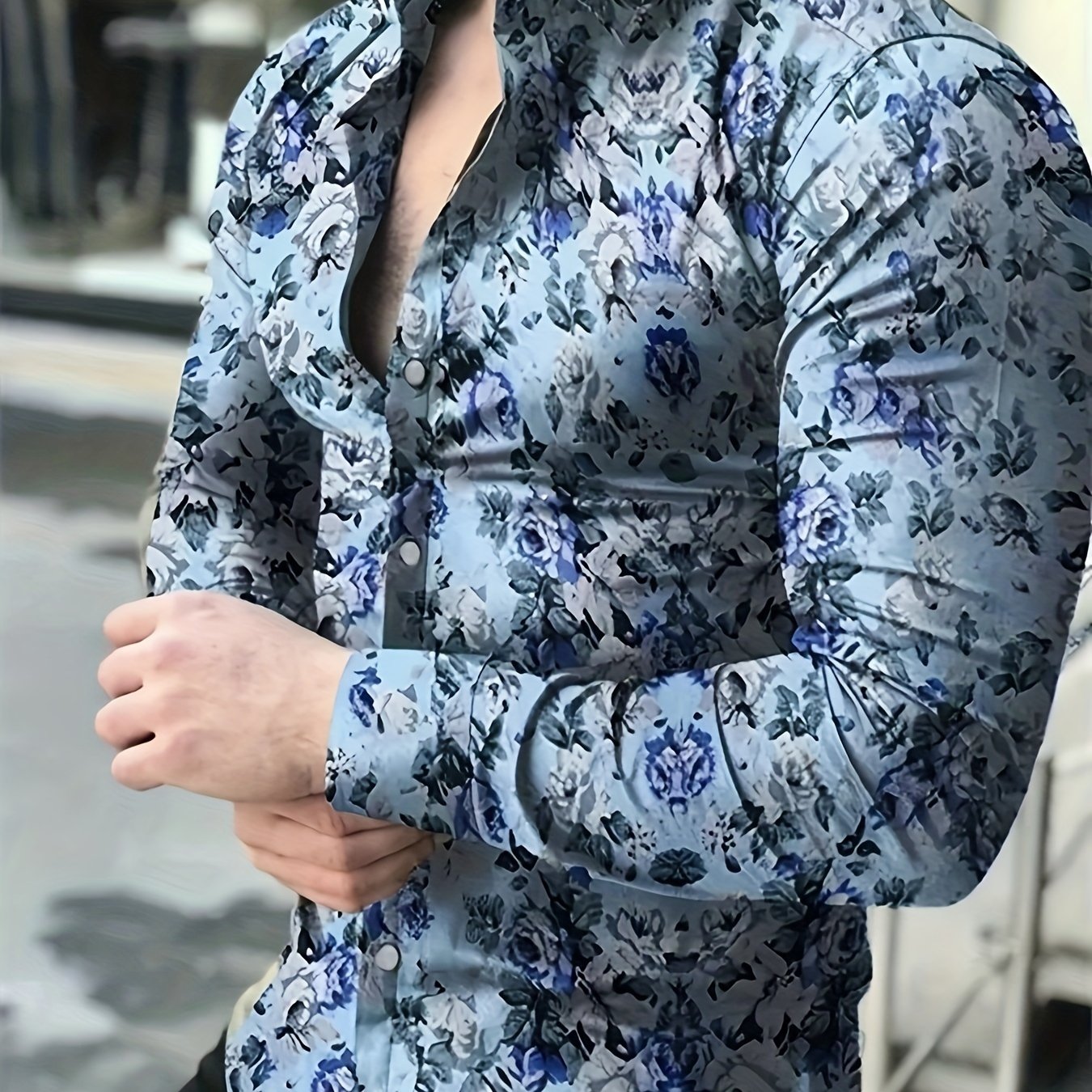 Retro Style Flower Print Men's Casual Long Sleeve Button Up Lapel Shirt, Spring Fall