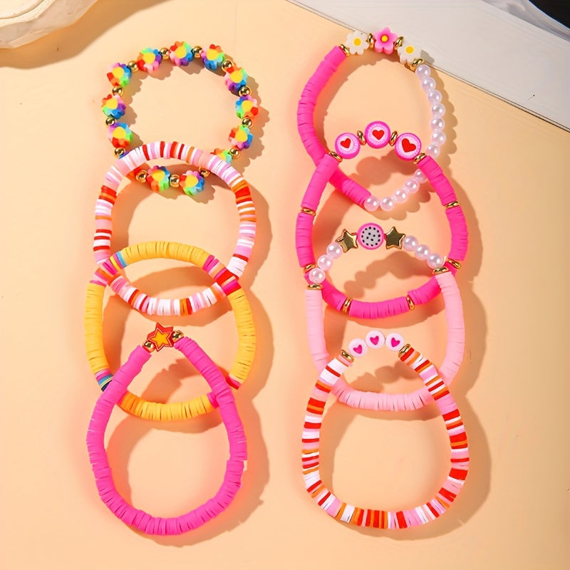[Sweet Cute Bracelet Set] 8pcs Sweet Cute Pink Soft Clay Bracelet Set | Dragon Fruit Flower Heart Element for Women - Perfect for Valentine's Day and Music Festivals