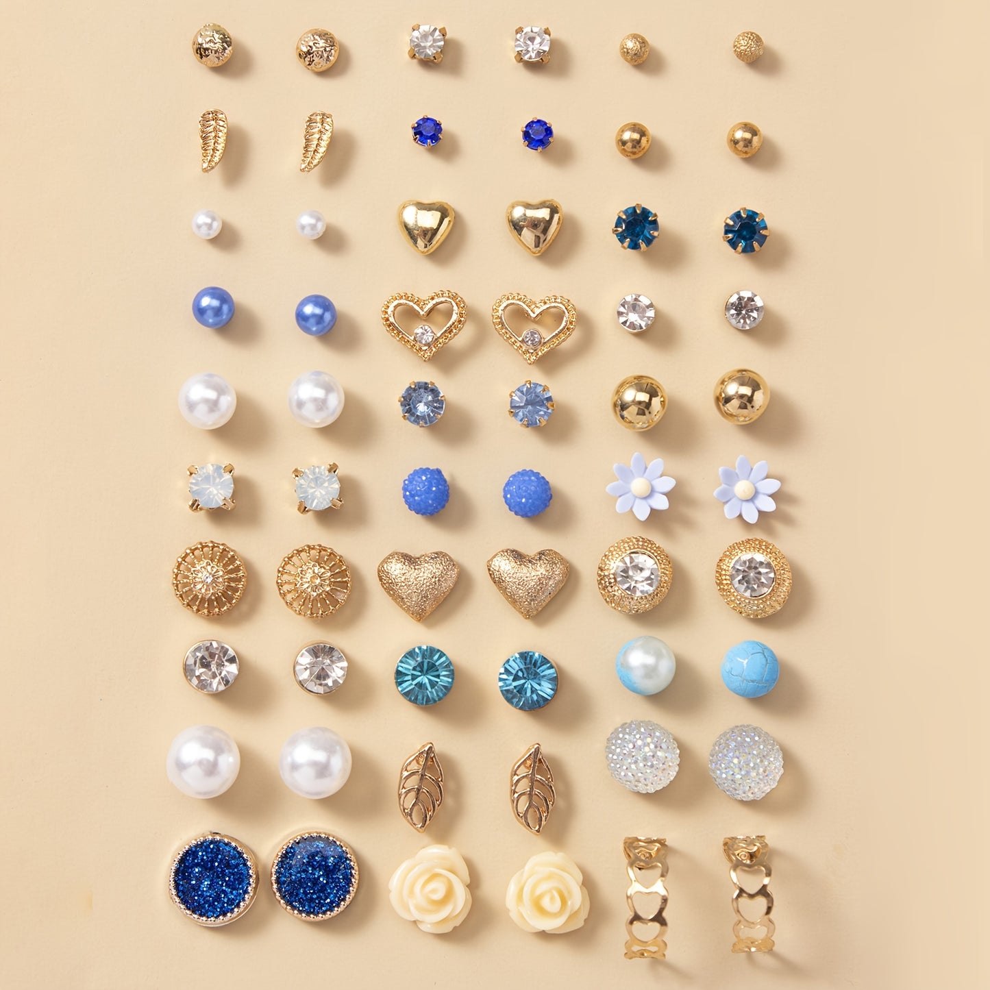 30 Pairs Delicate Stud Earrings Set - Exquisite Imitation Pearl Love Flower Leaf Design, Classic Everyday Wear, Adorable Female Gift - Unique Original Piece in Stunning Blue Color