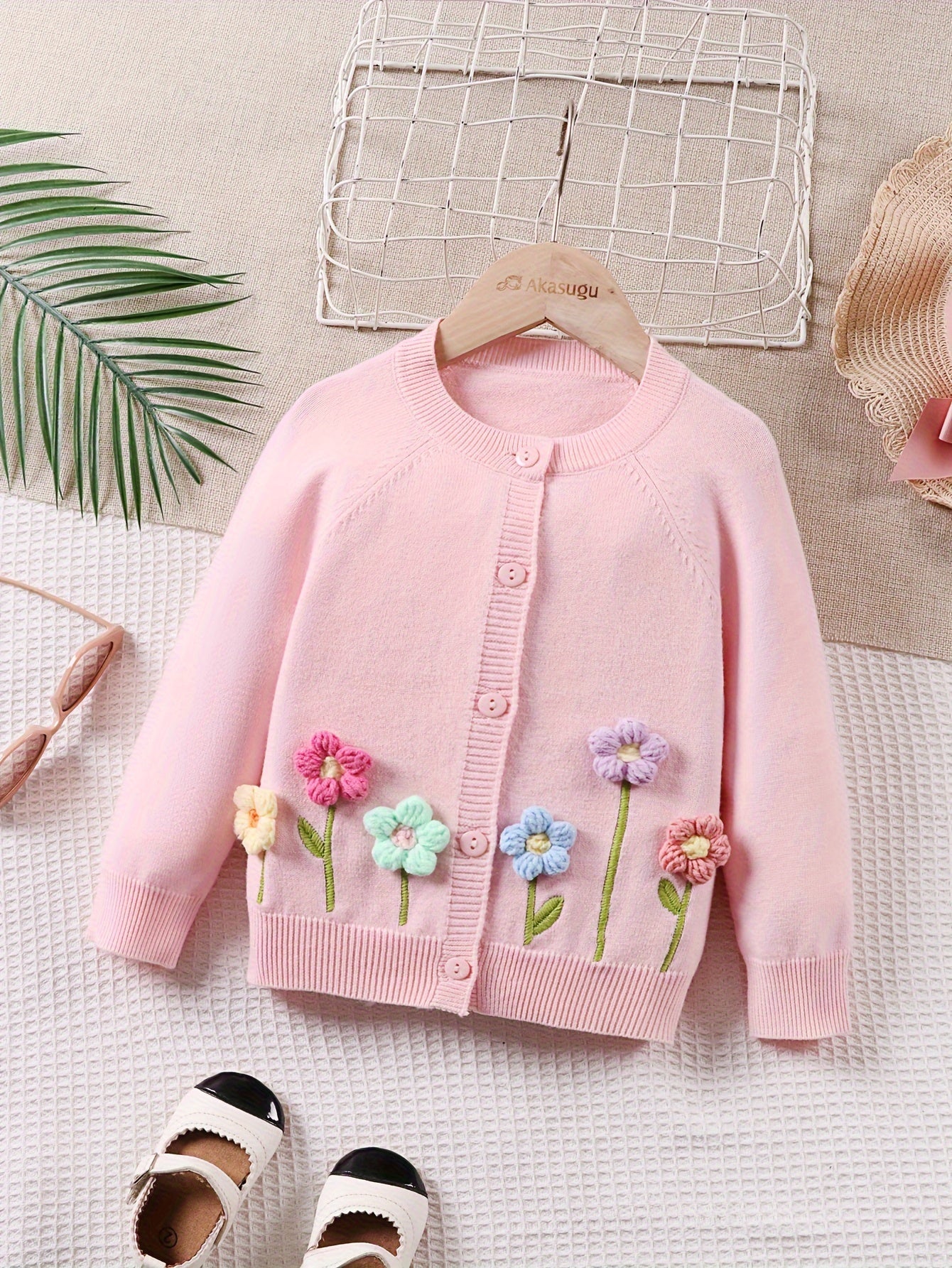 Girls' Beige Cardigan Sweater with Collar & Flower Patches - Sweet Smock Dress Style Jacket, Soft Button-Front Closure for, Parties, - Cozy Fall Winter Outerwear (Pink/Yellow/Blue/Purple) - No-Sew Applique Design